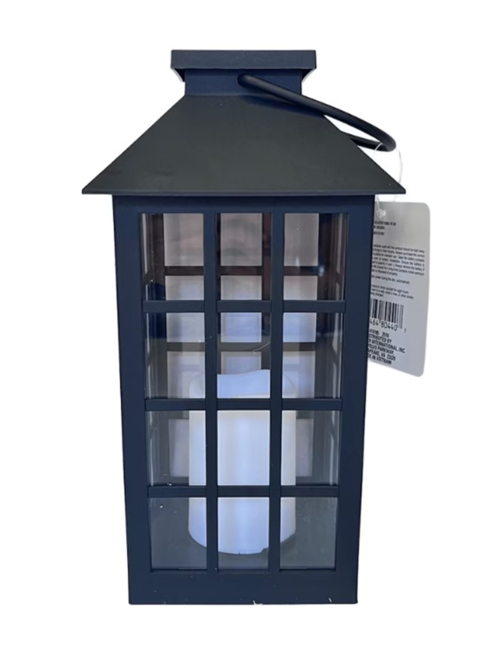 Black Grid-Frame Solar Lantern with Faux Candle Accent